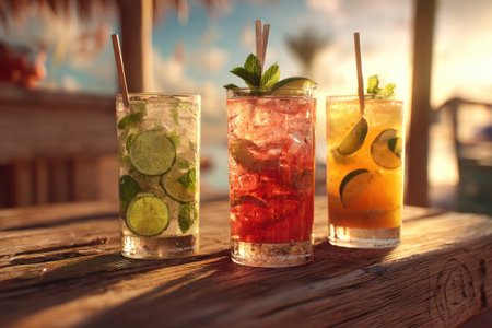 Three vibrant cocktails stand on a weathered wooden surface, illuminated by warm sunlight. The drinks feature various colors, with ice and garnishes enhancing their appeal. A tropical setting is implied, evoking a sense of leisure. The image is suitable for advertising beverage products or illustrating articles about mixology.の素材
