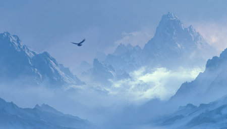 An artistic depiction showcases a bird in flight above a vast, mountainous landscape. The scene is dominated by shades of blue and white, creating a soft, ethereal ambiance. The composition, with its dramatic lighting, suggests a remote, natural environment suitable for commercial and editorial uses.の素材