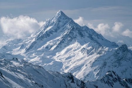 An image presents a snow-covered mountain with a sharp peak, set against a backdrop of a cloudy sky. The composition highlights the textures of the snow and ice. The photo could be used for illustrative purposes, educational resources, or as a backdrop in various designs.の素材