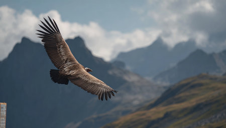 A large bird with widespread wings flies in the air. The bird features shades of brown and white, set against a blurred background of mountains and a partly cloudy sky. The composition suggests an outdoor environment and could be used for various nature or wildlife related projects.の素材