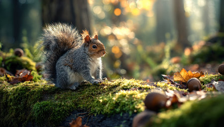 A squirrel is captured outdoors, perched on a moss-covered surface within a woodland setting. The scene is illuminated by sunlight, with leaves scattered around. The image uses natural colors and a shallow depth of field, potentially suitable for illustrating articles about nature or wildlife.の素材