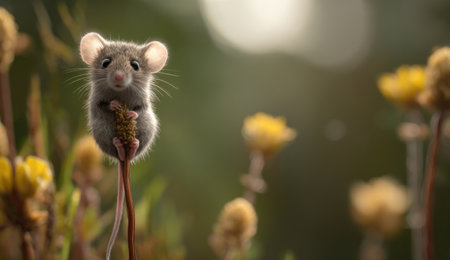 A small mouse is perched atop a slender plant stem, its grey fur contrasting with the blurred green and yellow tones of the background. The image showcases a soft focus, with sunlight illuminating the subject. This photograph could be used for various editorial and commercial purposes.の素材