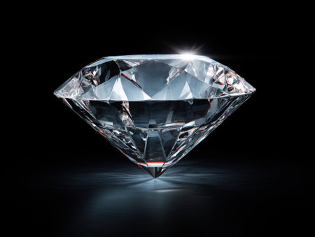 A large, clear diamond is presented against a stark black background. The gem exhibits multiple facets reflecting light, with bright highlights and shadows defining its shape. Its sharp edges and polished surface suggest precision. The composition is suitable for various commercial and illustrative purposes.の素材