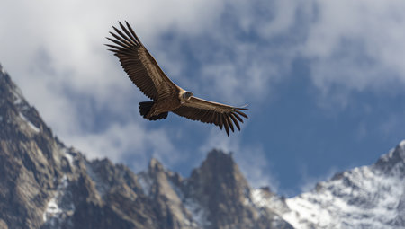 An eagle with outstretched wings dominates the frame, flying above a rugged mountain range. The image exhibits a sharp focus, showcasing details of the bird's feathers and the mountain peaks. The sky is a mix of blue and white, suggesting a daytime environment. It would be suitable for projects related to nature or travel.の素材