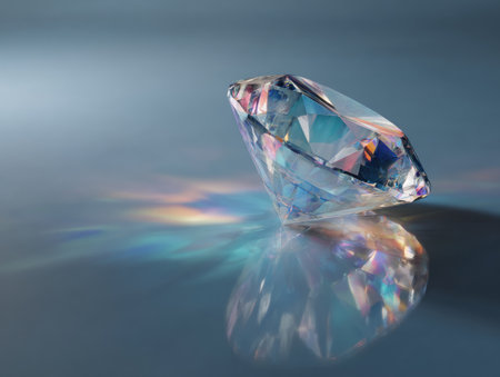A large, faceted gemstone is the focal point, displaying a spectrum of colors. The object sits on a surface, with light creating a mirrored reflection beneath it. The lighting suggests a studio environment, highlighting its clarity and brilliance. This image is suitable for various editorial and commercial applications.の素材