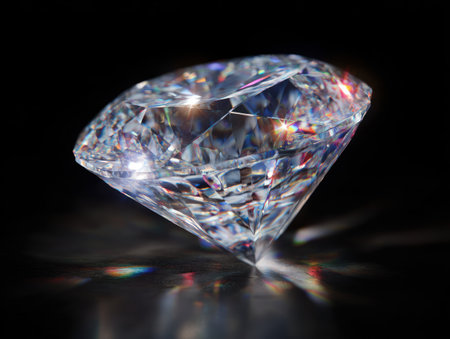 A brilliantly cut diamond is displayed against a dark background, showcasing its facets and internal reflections. The composition emphasizes the gemstone's clarity, with light refracting through the crystal. This image is suitable for various commercial uses, including advertising and illustrative content, with its elegant simplicity.の素材