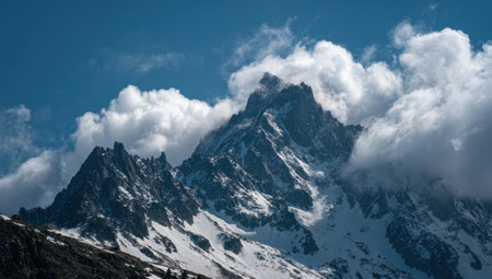 Majestic snow-covered mountain peaks dominate the frame under a dynamic sky filled with white fluffy clouds. The natural composition emphasizes texture and contrasts shades of blue and white. Ideal for environmental themes, travel publications, or creative projects, the image can enhance both commercial and editorial content.の素材