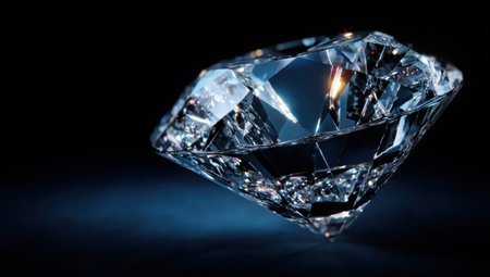 A brilliant-cut diamond, the main subject, is displayed against a deep, dark background. The gemstone sparkles due to the play of light and shadow, which enhances its facets. The composition suggests a studio setting, suitable for advertising or editorial projects. Its elegance can be used to represent luxury and value.の素材