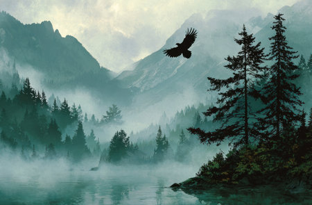 An eagle flies over a tranquil lake surrounded by misty mountains and lush evergreen trees. The artwork displays soft gradients and cool tones of green and blue, creating a serene atmosphere. The composition utilizes depth, potentially suitable for nature-related projects, commercial illustrations, or editorial content.の素材