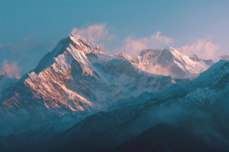 A majestic mountain range dominates the composition, its peaks covered in snow and kissed by sunlight. The image showcases a landscape with shades of blue and golden hues, reflecting the sky and the sun's glow. This image is suitable for various uses, including websites and print media.の素材