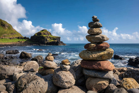 A stack of stones is carefully balanced on a rocky shoreline, in front of a vast ocean and clear blue sky. The composition includes textured stones and a grassy cliff. The scene is bathed in natural sunlight, with the potential for diverse editorial and commercial applications.の素材