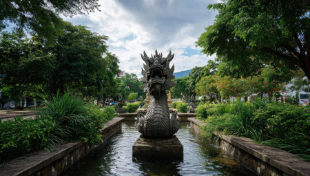 A detailed stone dragon statue rises from a water feature. The image captures the statue's intricate design amidst lush greenery and trees. The scene is lit by natural daylight, with a composition highlighting the sculpture's prominence in a tranquil outdoor environment. Suitable for cultural, travel, or decorative themes.の素材