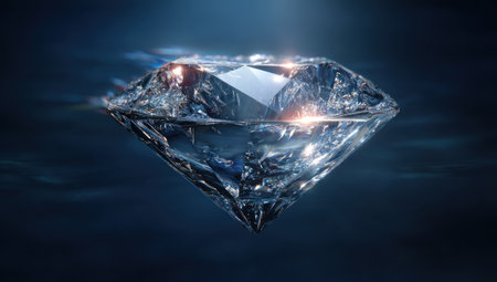 A large, faceted diamond is presented against a dark blue backdrop, catching and reflecting light. The gemstone exhibits sharp, clean lines and angles, with a sense of depth created by the interplay of light and shadow. This image is suitable for various commercial projects, including advertising and design.の素材