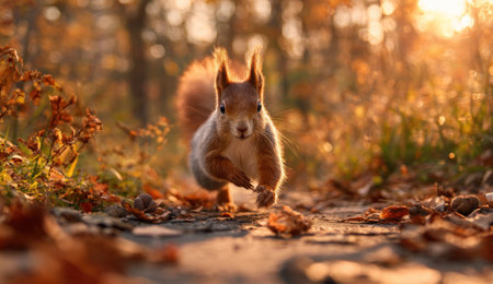 A squirrel is captured mid-run against a backdrop of vibrant autumn leaves and soft-focus trees. The image displays warm tones, primarily orange and brown, with sunlight filtering through. This scene suggests an outdoor environment, possibly a park or forest. Suitable for various commercial and editorial applications.の素材