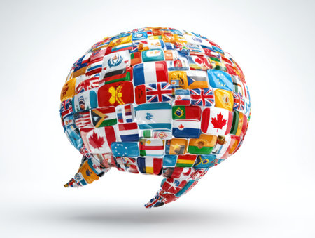 A speech bubble shape is formed by numerous national flags against a white background. The flags present a diverse array of colors and patterns, indicating a global concept. The composition uses a studio-style lighting, and could be utilized in various visual projects centered around international relations or communication.の素材