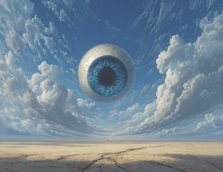 A surreal composition features a large eye suspended in a blue sky filled with fluffy white clouds. Below, a vast desert stretches to the horizon. The artwork displays a dreamlike quality, emphasizing textures and colors. This imagery can be utilized for various creative projects, including editorial and illustrative purposes.の素材