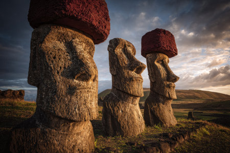 Three massive stone statues with distinctive red hats are showcased in an outdoor setting. The weathered statues display detailed carvings and stand on a grassy hill illuminated by soft sunlight. The composition features a dramatic sky, offering potential for editorial and commercial applications related to travel and culture.の素材