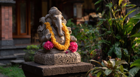 A stone sculpture of a seated deity is presented outdoors. The artwork features an intricate design, enhanced by the vibrant colors of a garland and flowers. The natural lighting suggests a daytime setting within a garden or courtyard. This image is suitable for various commercial and editorial applications.の素材