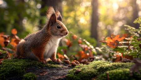 A squirrel perches amidst moss and fallen leaves, its fur a blend of brown and red. Soft, warm lighting illuminates the scene, creating a shallow depth of field. The photograph captures the squirrel in a natural habitat, suitable for various editorial and commercial applications.の素材