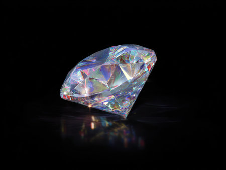 A radiant diamond is captured against a dark backdrop. The gemstone showcases facets that brilliantly reflect various colors. The composition highlights the stone's form and the play of light. This image could be suitable for advertising, jewelry design, or presentations about precious stones.の素材