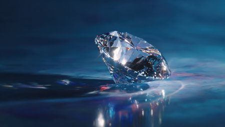 A radiant diamond is featured, displaying intricate facets. The gem is positioned on a reflective surface, with a blurred blue background creating depth. The lighting highlights the diamond's brilliance. This image is suitable for advertising or editorial purposes related to luxury, jewelry, and elegance.の素材
