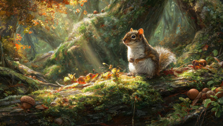 A squirrel rests on a moss-covered log within a vibrant forest setting. The scene displays rich autumnal colors with the squirrel's fur contrasting with the green and brown surroundings. The composition features soft lighting and intricate details, potentially suitable for illustrations and editorial features.の素材
