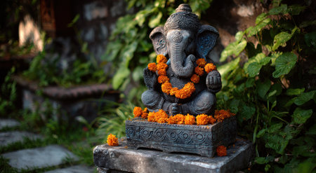 A gray stone statue of a deity is centered in the frame, surrounded by a vibrant floral garland. The image showcases a serene atmosphere, with soft lighting highlighting the textures and details. Dense green foliage in the background hints at an outdoor setting, suitable for various uses.の素材