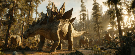 An image depicts a Stegosaurus and smaller dinosaurs in a dense forest, bathed in warm sunlight. The scene uses a natural color palette, and the composition suggests a prehistoric setting. This image could be used for educational materials, fantasy art projects, or as a visual element in various commercial applications.の素材