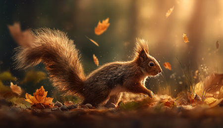 A small squirrel is depicted in a natural environment, likely outdoors, during the fall season. The image showcases warm colors, primarily browns and golds, with sunlight enhancing the scene. The composition could be used for various commercial and editorial purposes, conveying themes of nature.の素材