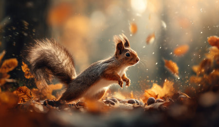 A squirrel is captured amidst vibrant autumn leaves in this image. Warm tones dominate the scene, with sunlight filtering through the leaves. The composition focuses on the animal in a natural setting, with a shallow depth of field. Suitable for various commercial and editorial uses, the image evokes a sense of nature.の素材
