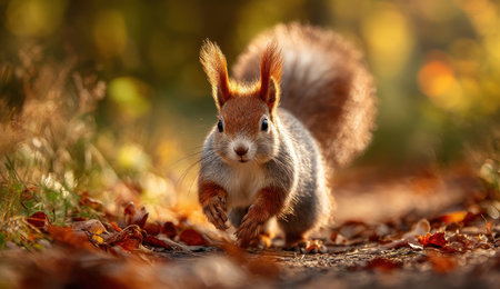 A squirrel is running towards the viewer in a vibrant autumn scene. The image displays the squirrel with its fur highlighted by soft sunlight. The composition showcases a blurred background of foliage, suggesting an outdoor, natural setting. Suitable for various commercial and editorial purposes.の素材