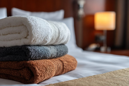 A stack of folded towels in white, gray, and brown rests on a bed. The image displays soft textures and varying tones, with a blurred background suggesting an interior setting. This could be utilized for advertising hotel services or illustrating concepts related to comfort and cleanliness.の素材