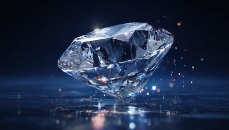 A large, multifaceted diamond is prominently displayed against a dark blue backdrop. The image showcases the gem's reflective qualities with highlights and glimmers. The composition uses selective focus, creating a dramatic effect. This image may be suitable for advertising or illustrating concepts related to value and rarity.の素材