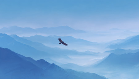 An eagle flies over a serene mountainous environment. The image features a gradient of blue hues, creating a sense of depth and vastness. The silhouette of the eagle is a focal point. This image would be suitable for projects related to travel, freedom, or environmental concepts, suitable for commercial use.の素材