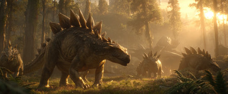 A group of stegosaurus dinosaurs are depicted in a dense, sunlit forest environment. The scene showcases detailed textures and warm colors, with sunlight filtering through the trees. Suitable for use in educational materials, documentary illustration, or general editorial use.の素材