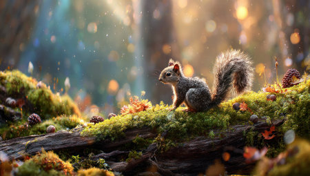 A squirrel rests on a moss-covered log in a forest setting. The scene features a soft focus, with blurred backgrounds creating a bokeh effect. Warm sunlight filters through the trees, highlighting the squirrel and surrounding foliage. The image is suitable for nature-related themes and could be used in various editorial contexts.の素材