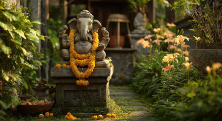 A stone statue of a deity with an elephant head is the primary subject, adorned with a yellow floral garland. The image showcases a garden setting, possibly outdoors, with sunlight illuminating the scene. The composition features pathways, lush vegetation, and blurred elements. It could be used in editorial contexts or artistic projects.の素材
