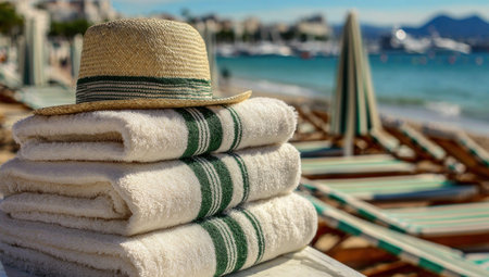 A stack of folded white towels with green stripes is topped with a straw hat. The composition features a sunny day setting with a blurred background of a beach and sea. Ideal for commercial uses related to travel, vacations, and leisure activities.の素材