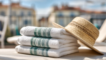 A stack of folded white towels with green stripes is shown beside a straw hat. The towels are in sharp focus, while the background of buildings and greenery is blurred, creating a sense of depth. Sunlight suggests an outdoor setting. The image could be used for lifestyle, travel, or leisure content.の素材