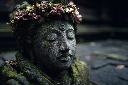 A weathered stone Buddha statue, adorned with a floral crown, is the central focus. The image showcases a textured surface and muted tones, highlighting the statue's age. The composition suggests an outdoor setting, possibly a garden, with soft lighting. Suitable for various artistic or spiritual themes.の素材