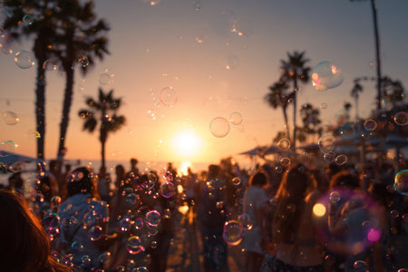 Silhouettes of people are set against a warm sunset sky, with a vibrant array of soap bubbles. The composition showcases a soft, blurred style with natural light. The image could be suitable for advertising a product or service, or in editorial features related to leisure and celebrations.の素材