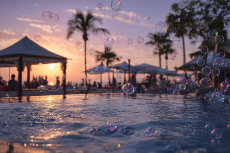 A picturesque sunset view features a swimming pool with floating bubbles. Silhouetted cabanas and palm trees line the horizon, set against an orange and purple sky. The composition evokes a sense of relaxation and leisure, suitable for travel and lifestyle publications or promotional materials.の素材
