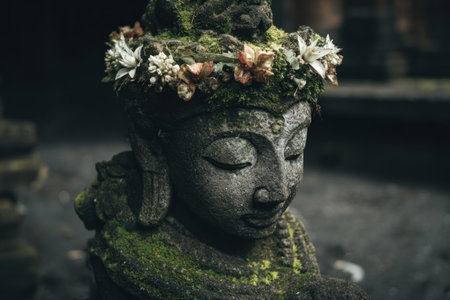 A weathered stone sculpture of a serene figure is presented in a close-up view, showcasing intricate details. The sculpture is crowned with a floral arrangement and covered in moss. The muted color palette and soft lighting suggest an outdoor setting, suitable for artistic or contemplative themes.の素材