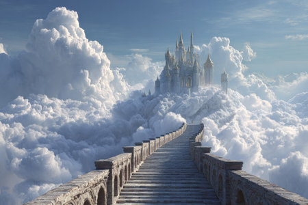 A stone pathway ascends toward a castle nestled amongst voluminous clouds, all under a bright blue sky. The image displays a fantasy scene, possibly digitally rendered. The castle features intricate architectural details, bathed in sunlight. This image could be suitable for illustrations, designs, or conceptual representations.の素材