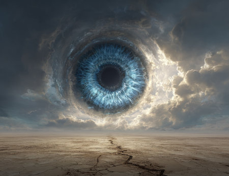 An artistic depiction features a large, detailed eye set against a cloudy sky, creating a surreal visual effect. The eye exhibits shades of blue, surrounded by swirling clouds and illuminated by soft lighting. A cracked, textured earth landscape forms the foreground, offering a stark contrast. Suitable for various conceptual and design projects.の素材