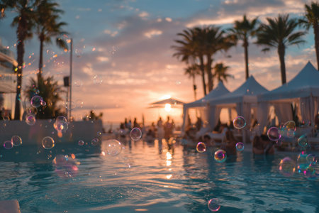 The photograph presents a sunset scene with silhouettes of people near a pool, featuring floating bubbles. The image captures a vibrant color palette of orange and blue, while the composition includes palm trees and architectural structures. This could be used for promotional content, illustrating leisure or conveying specific atmospheric concepts.の素材