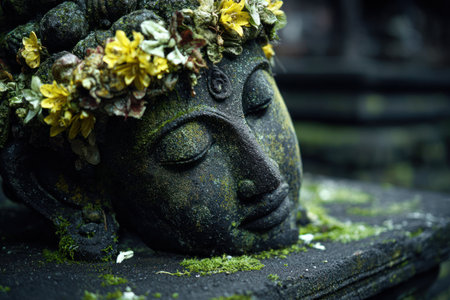 A weathered stone sculpture features a serene face adorned with a crown of flowers. The close-up composition highlights the texture and color of the aged stone and flora. The soft lighting creates a sense of tranquility. This image may be used for various artistic, design, or illustrative purposes.の素材