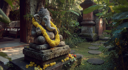 A serene image features a stone statue of Ganesha, adorned with a yellow garland, situated within a vibrant garden. The composition showcases natural light and rich greenery. The setting suggests a tranquil environment, suitable for spiritual or cultural projects and editorial use.の素材