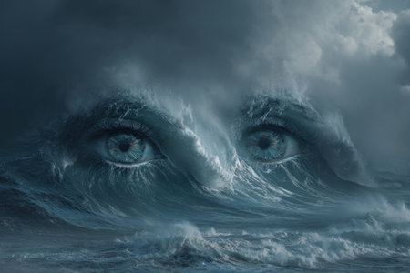 A mesmerizing artwork depicts human eyes emerging from a turbulent sea. Dominant blue tones and textured waves create a surreal composition. The image suggests a sense of mystery and power. Suitable for various uses, including artistic projects and visual media.の素材