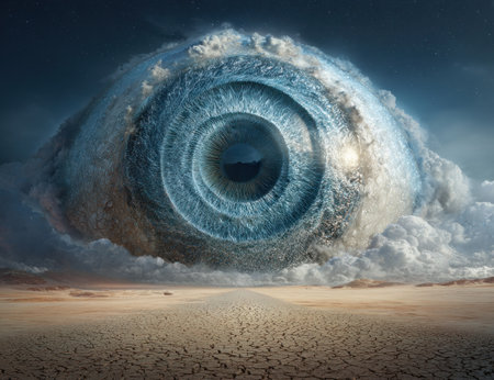 A giant eye composed of clouds dominates a desert scene. The eye's blue iris and pupil are central, surrounded by swirling cloud formations. The artwork exhibits a surreal style with soft lighting. This image could be used for various creative projects, including promotional material and illustrations.の素材